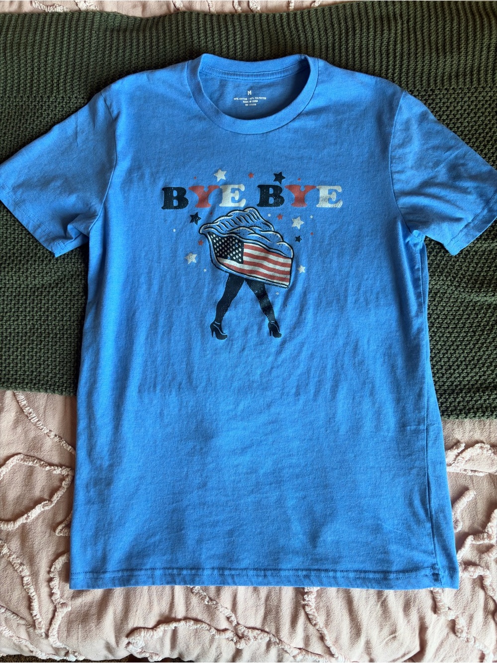 Unbranded Blue Short Sleeve Graphic Tee - 'Bye Bye' Flag Motif